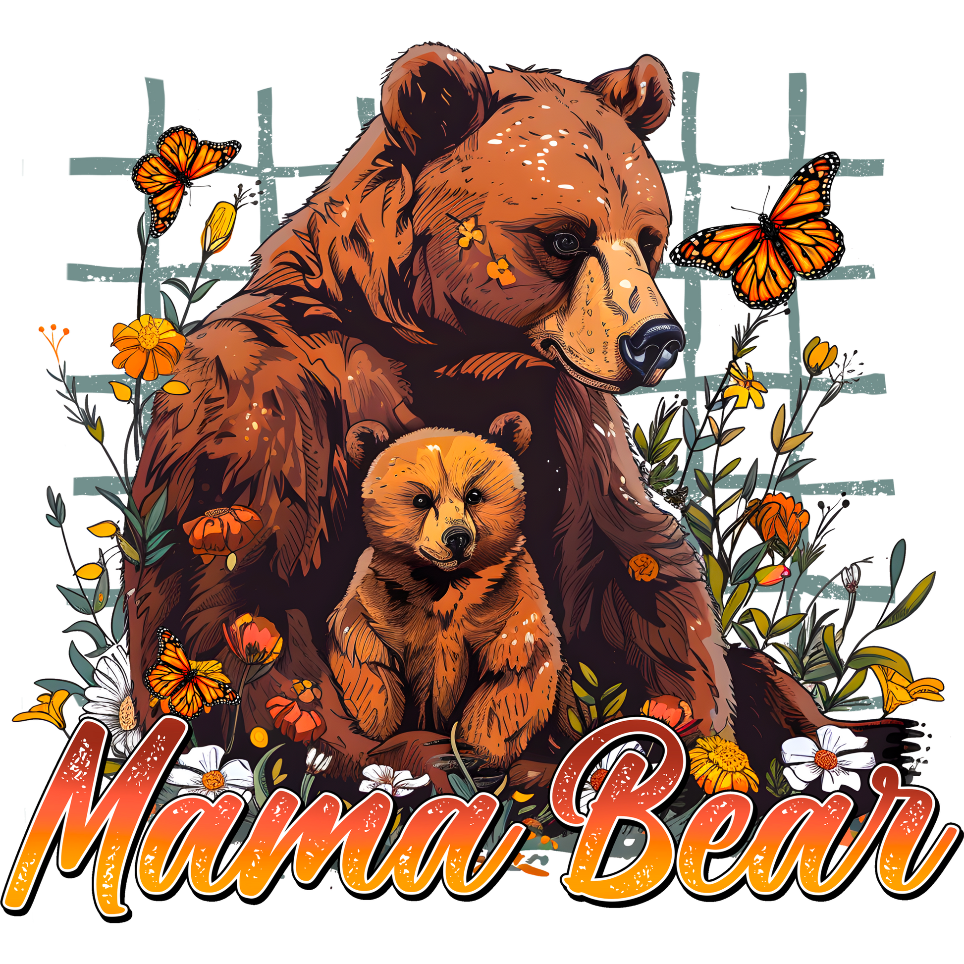 Mama Bear With Cub And Butterflies Artwork