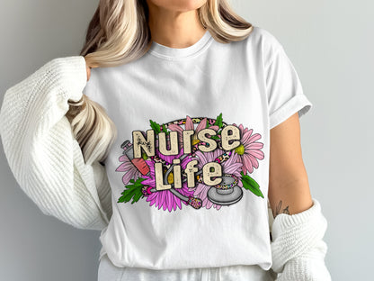 Nurse Life Graphic Tee with Colorful Floral Design