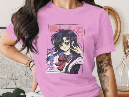 Anime Girl with Peace Sign Graphic T-Shirt