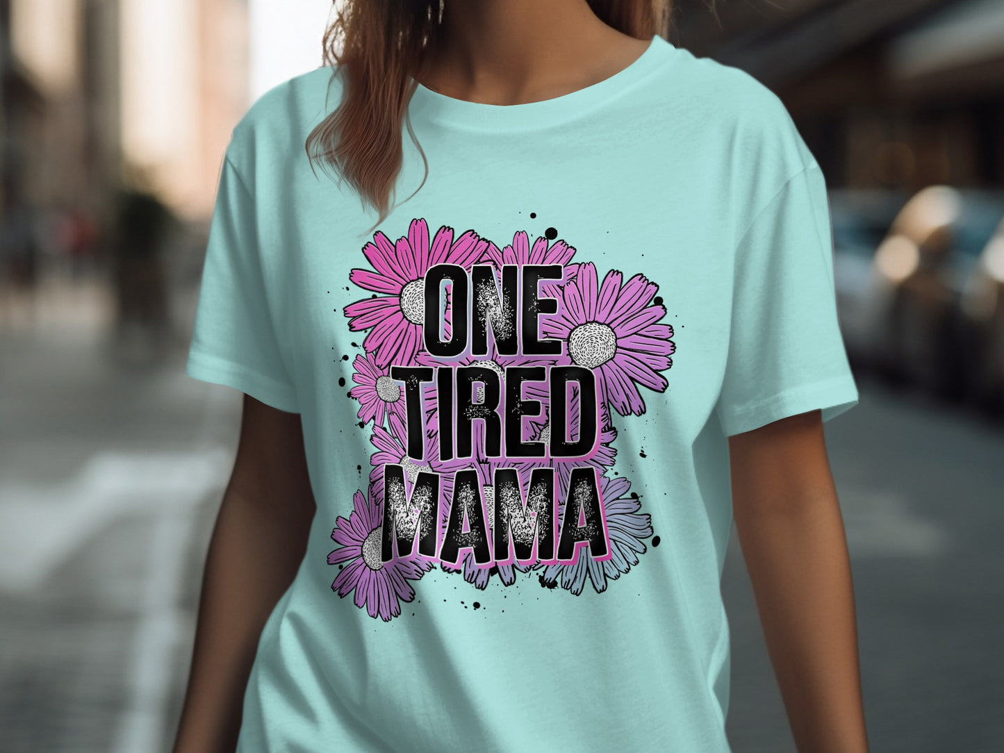 One Tired Mama Floral Graphic Tee Shirt