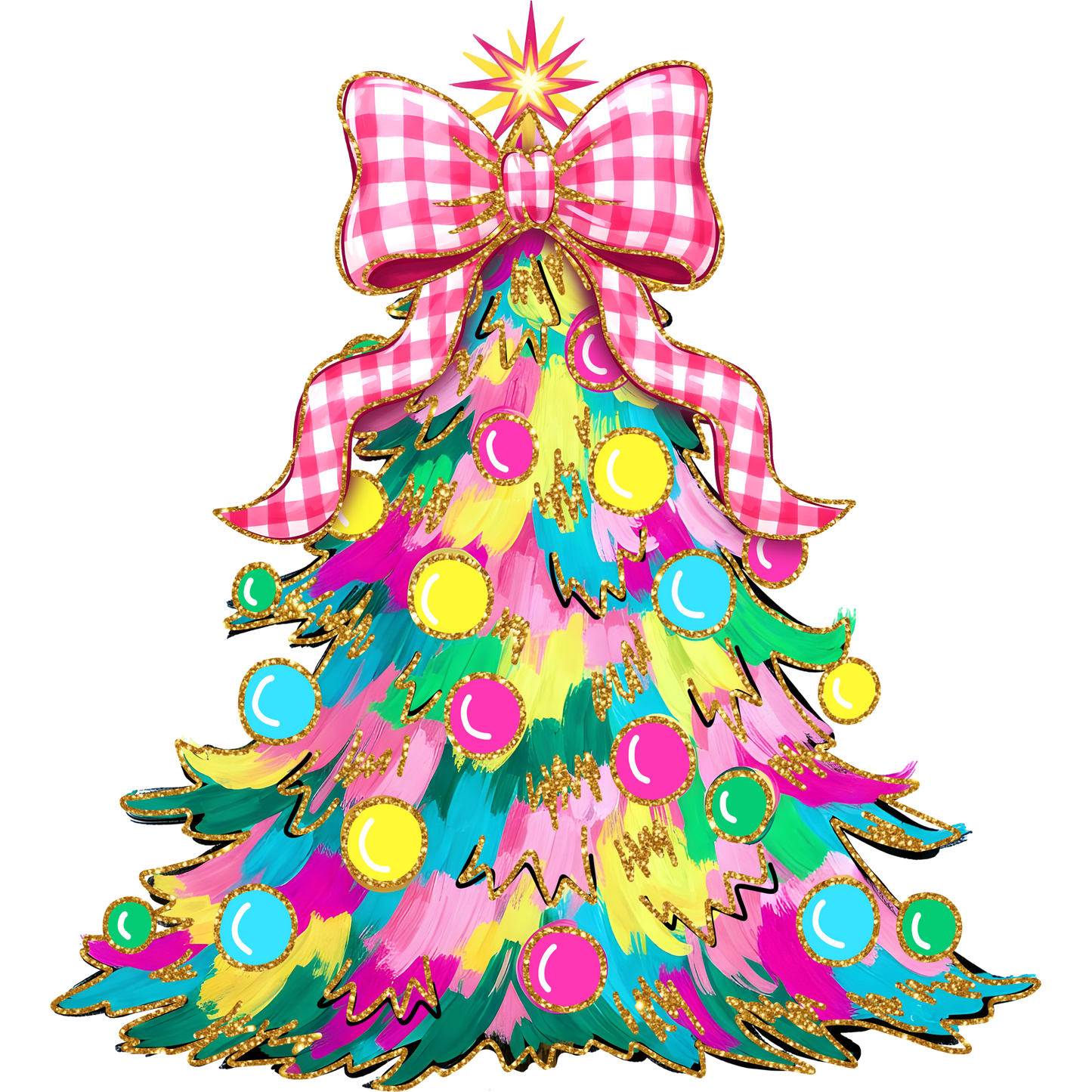 Festive Multicolored Christmas Tree with Pink Ribbon
