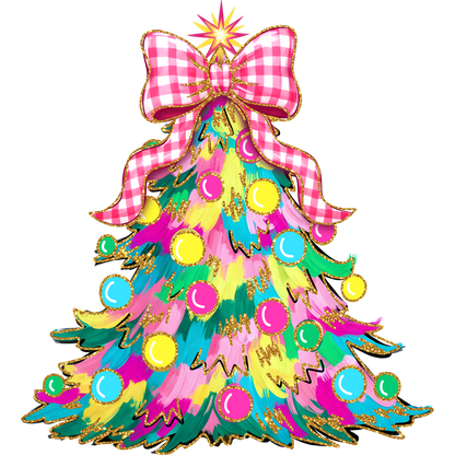Festive Multicolored Christmas Tree with Pink Ribbon