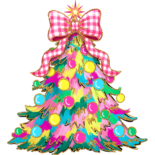 Festive Multicolored Christmas Tree with Pink Ribbon