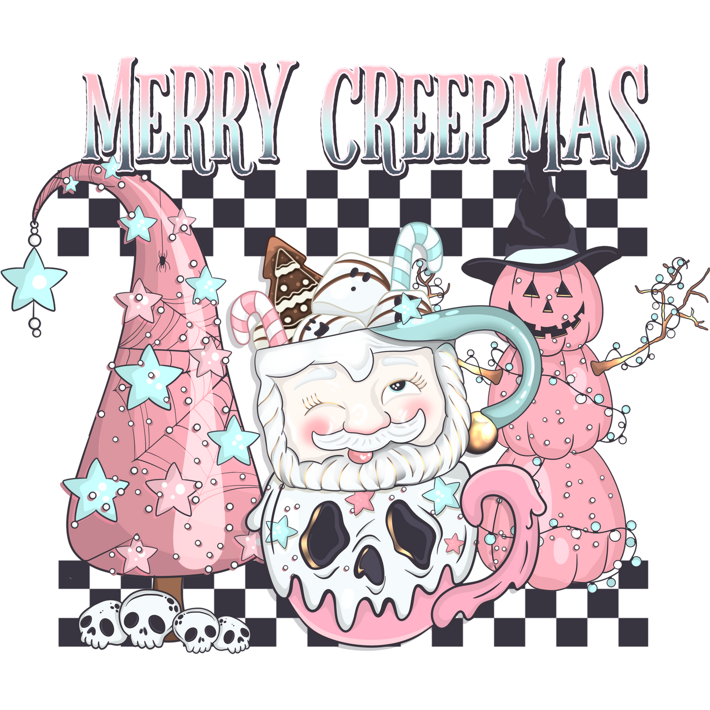 Merry Creepmas Skull Mug and Pink Snowmen Design