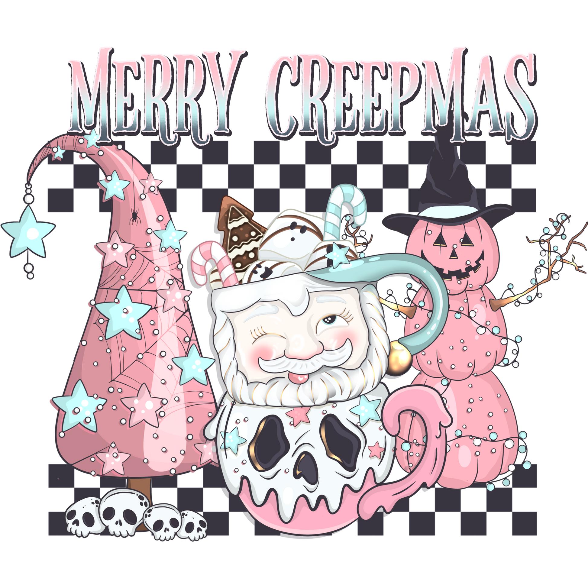 Merry Creepmas Skull Mug and Pink Snowmen Design