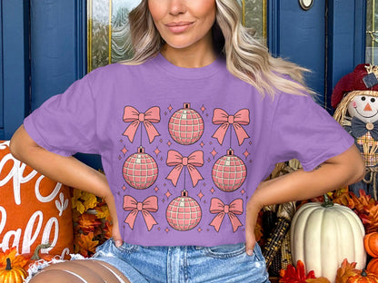 Pink Ornament and Bow Festive Holiday T-Shirt