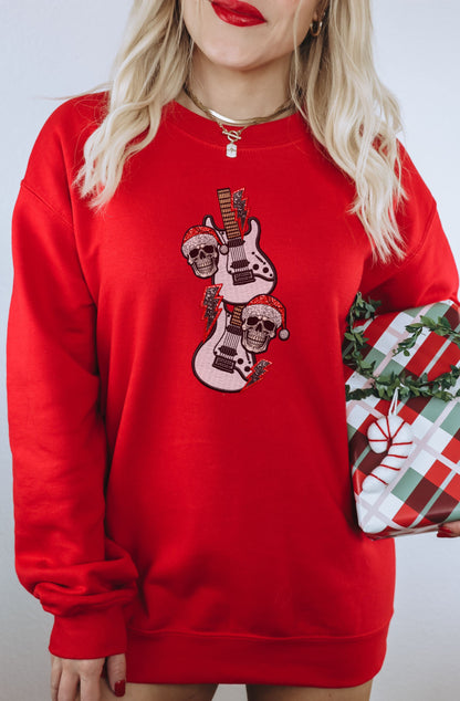 Festive Guitar Skull Graphic Printed Sweatshirt