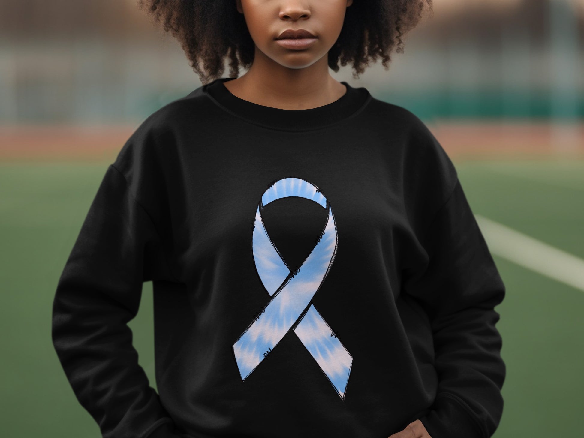 Light Blue Ribbon on Black Sweatshirt