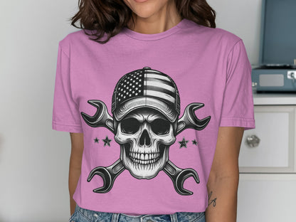 American Flag Skull With Wrenches Tee