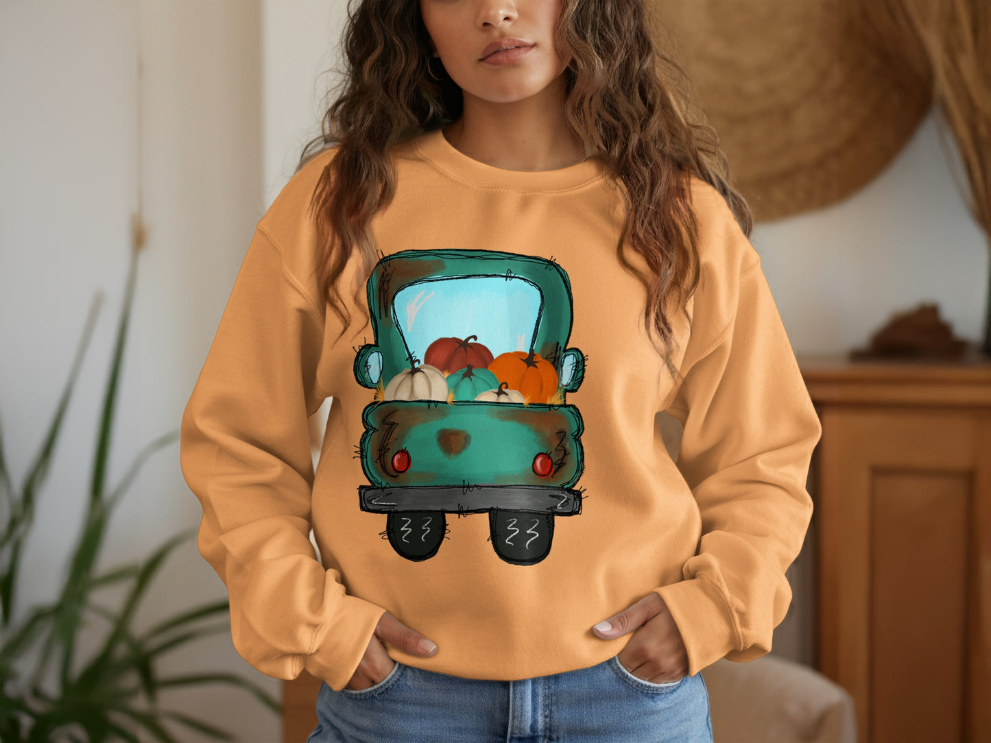 Cozy Fall Truck Print Sweatshirt with Pumpkins