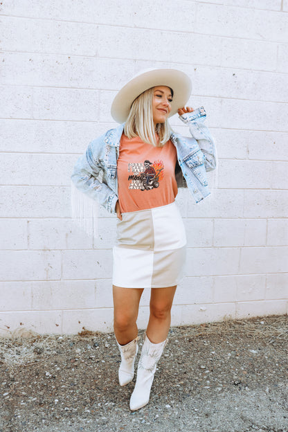 Stylish Western Outfit with Graphic Tee and White Skirt