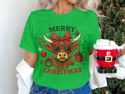 Merry Christmas Highland Cow Holiday Tee