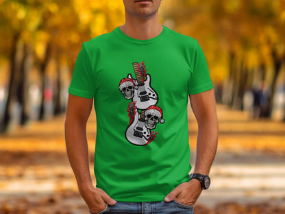 Festive Skull Guitar Graphic Tee for Holiday Season