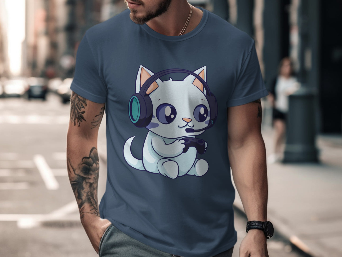 Gaming Cat with Headset Illustration T-shirt