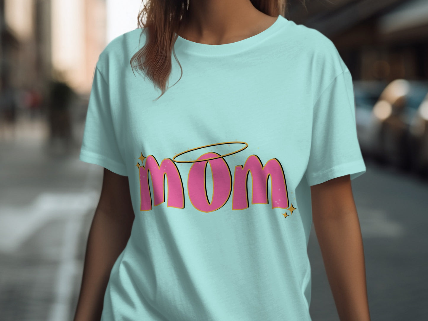 Mom Graphic Casual Tee with Angel Halo Design