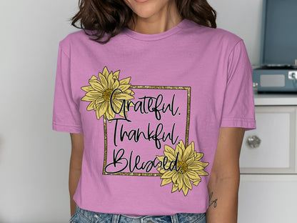 Grateful Thankful Blessed Sunflower Graphic T-Shirt