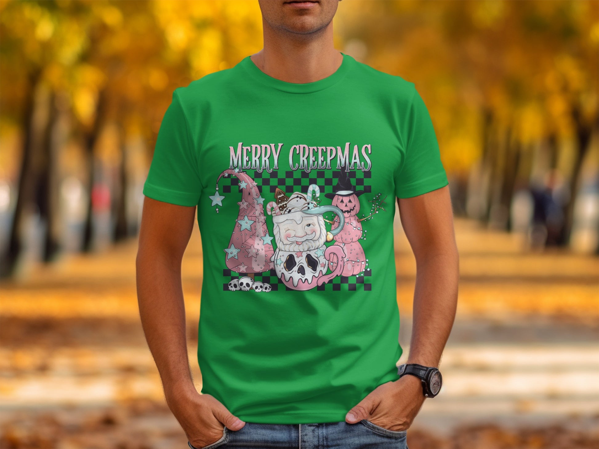 Merry Creepmas Skull And Pumpkins Green T-shirt