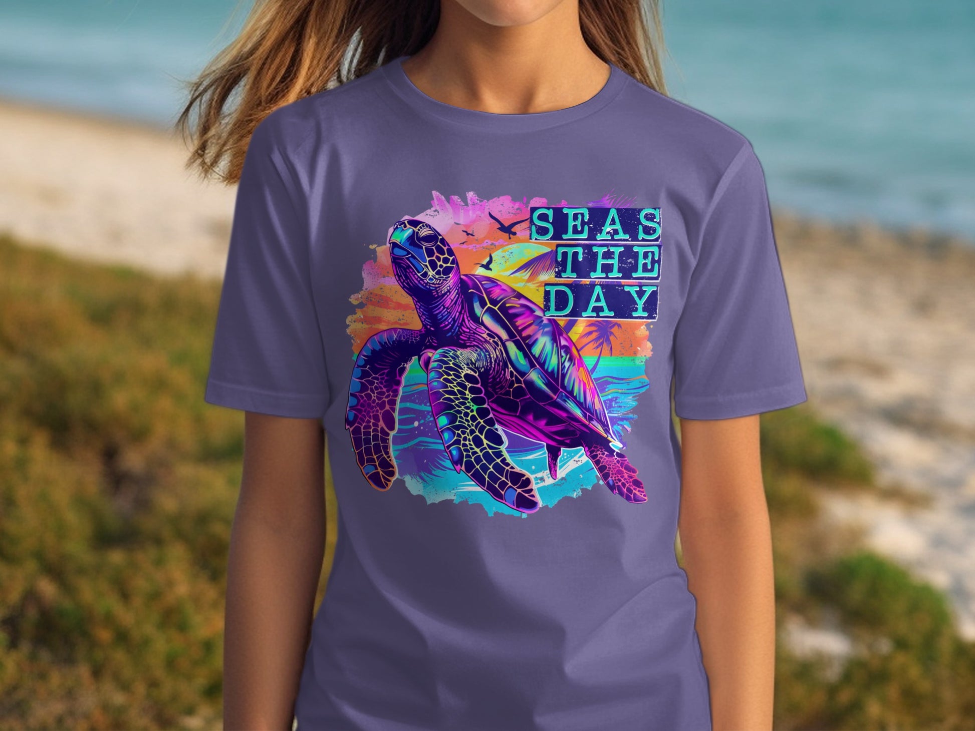 Seas The Day Colorful Turtle Graphic T-Shirt