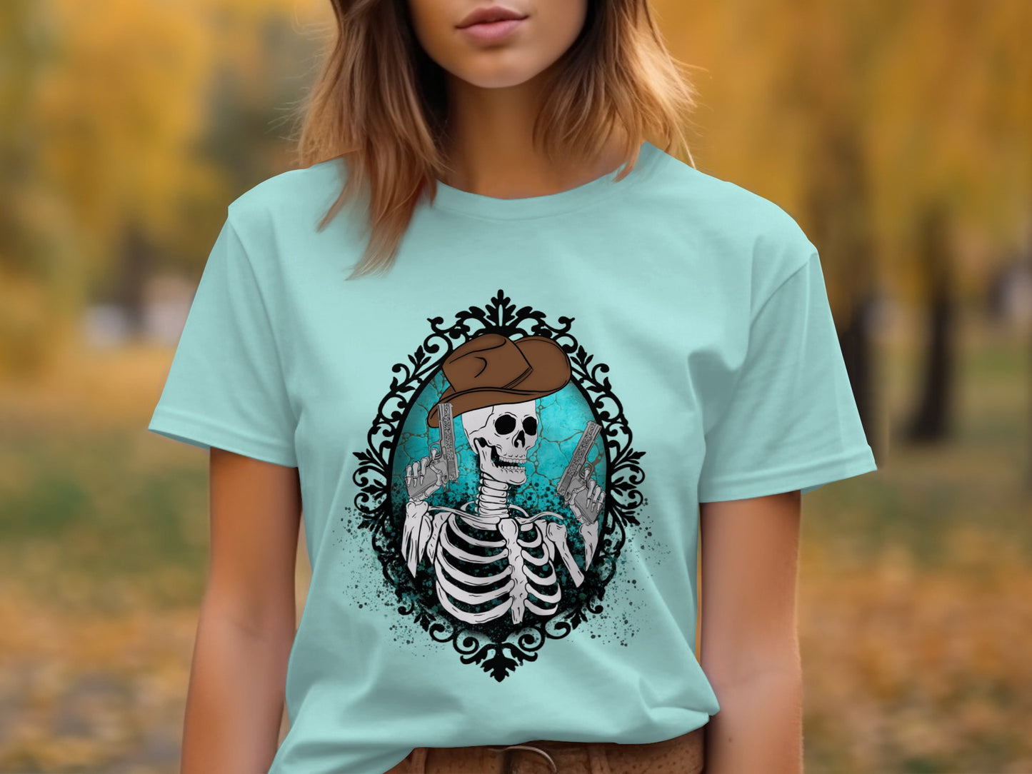 Skeleton Cowboy Nature Scene Artistic T-Shirt