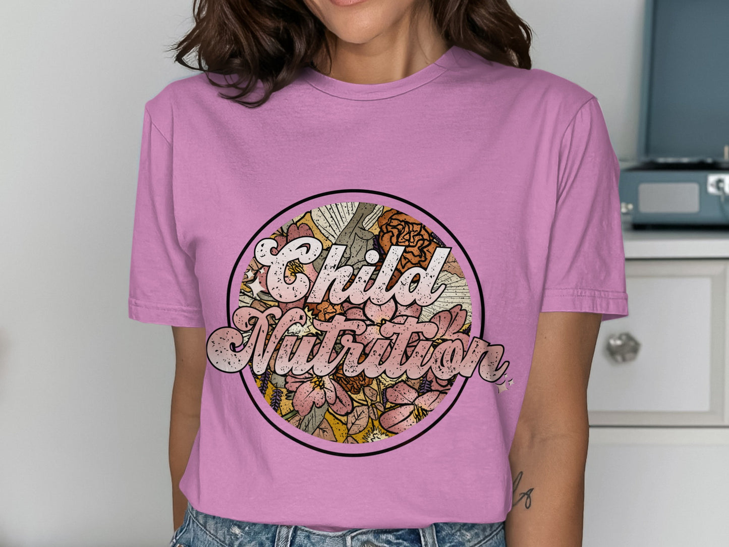 Child Nutrition Graphic Tee with Flower Design