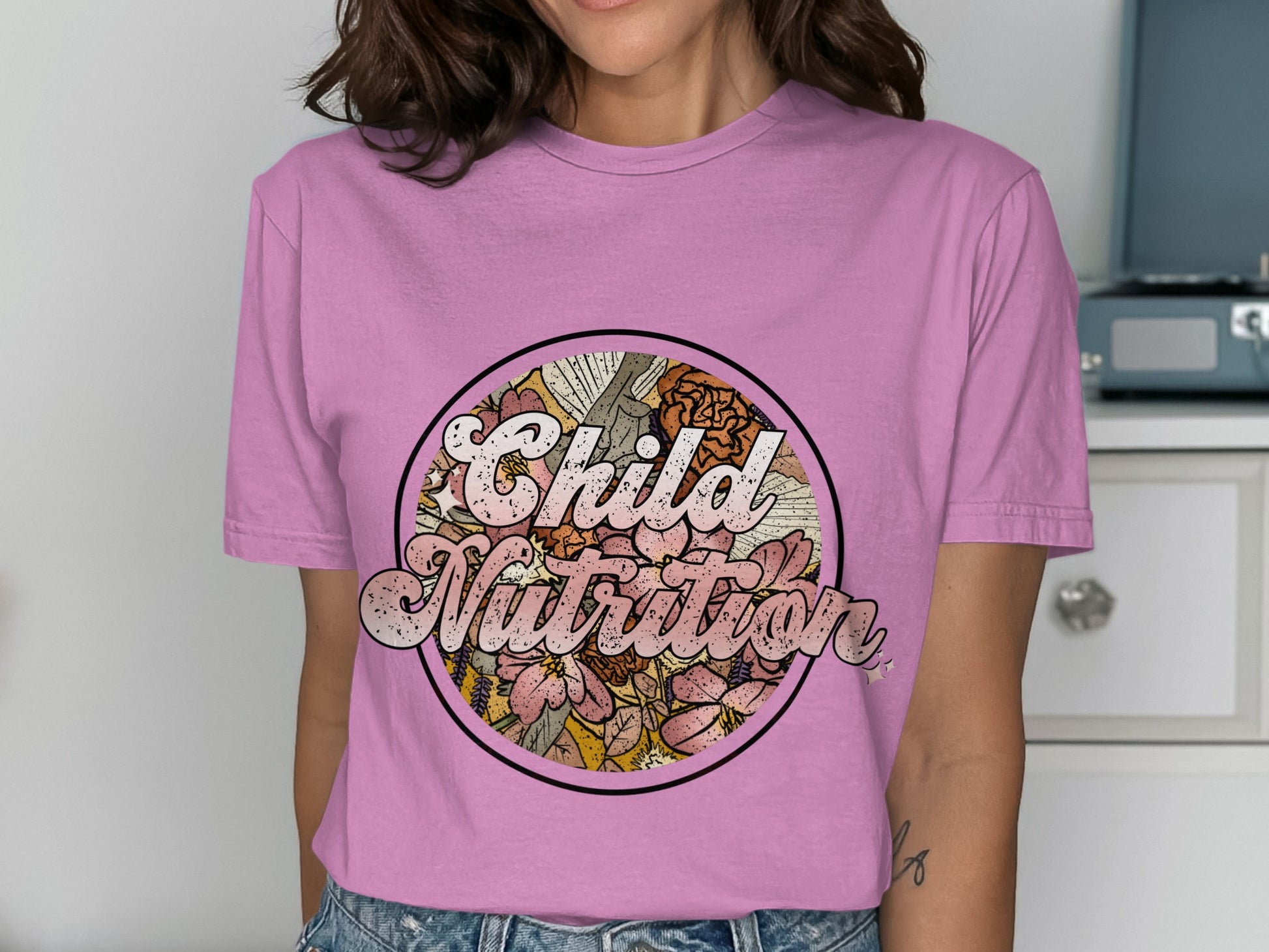 Child Nutrition Graphic Tee with Flower Design