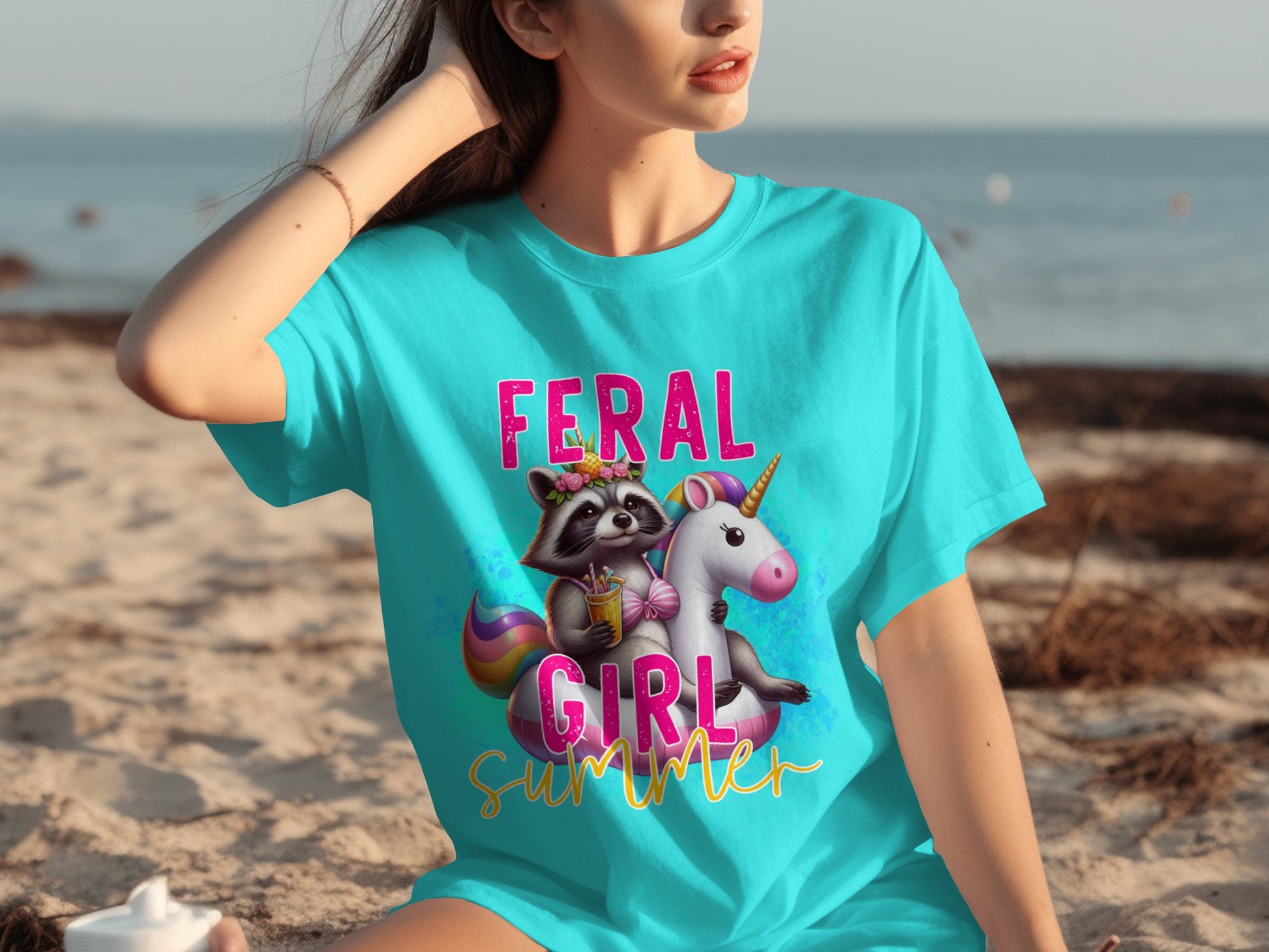 Feral Girl Summer T-Shirt with Racoon and Unicorn