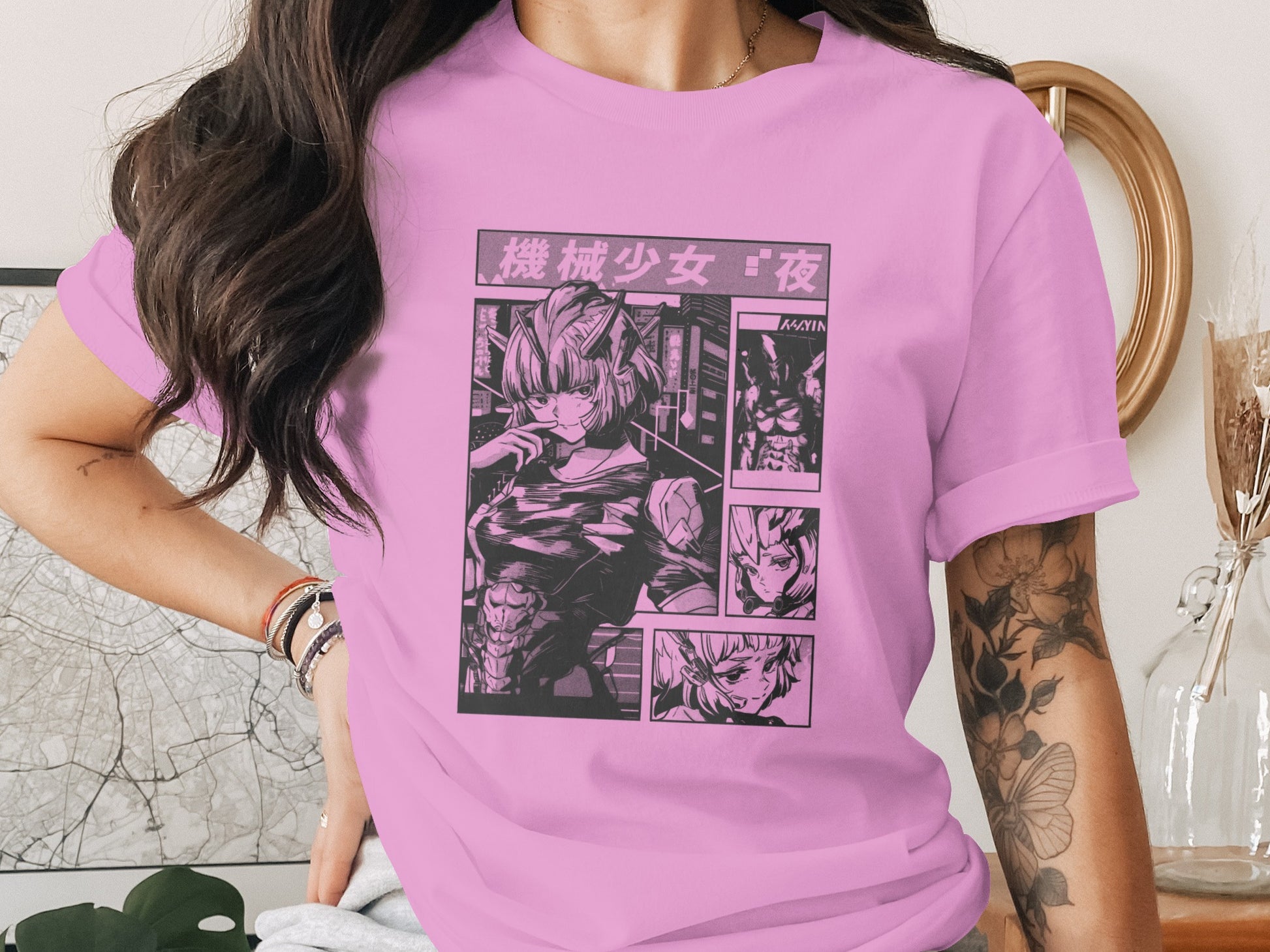 Pink Comic Style Anime Graphic Design T-shirt