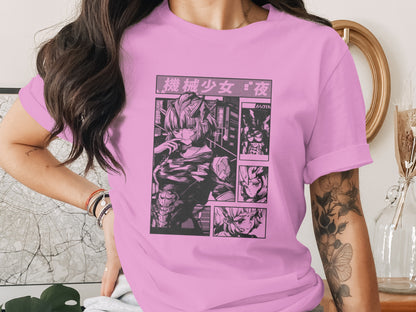 Pink Comic Style Anime Graphic Design T-shirt