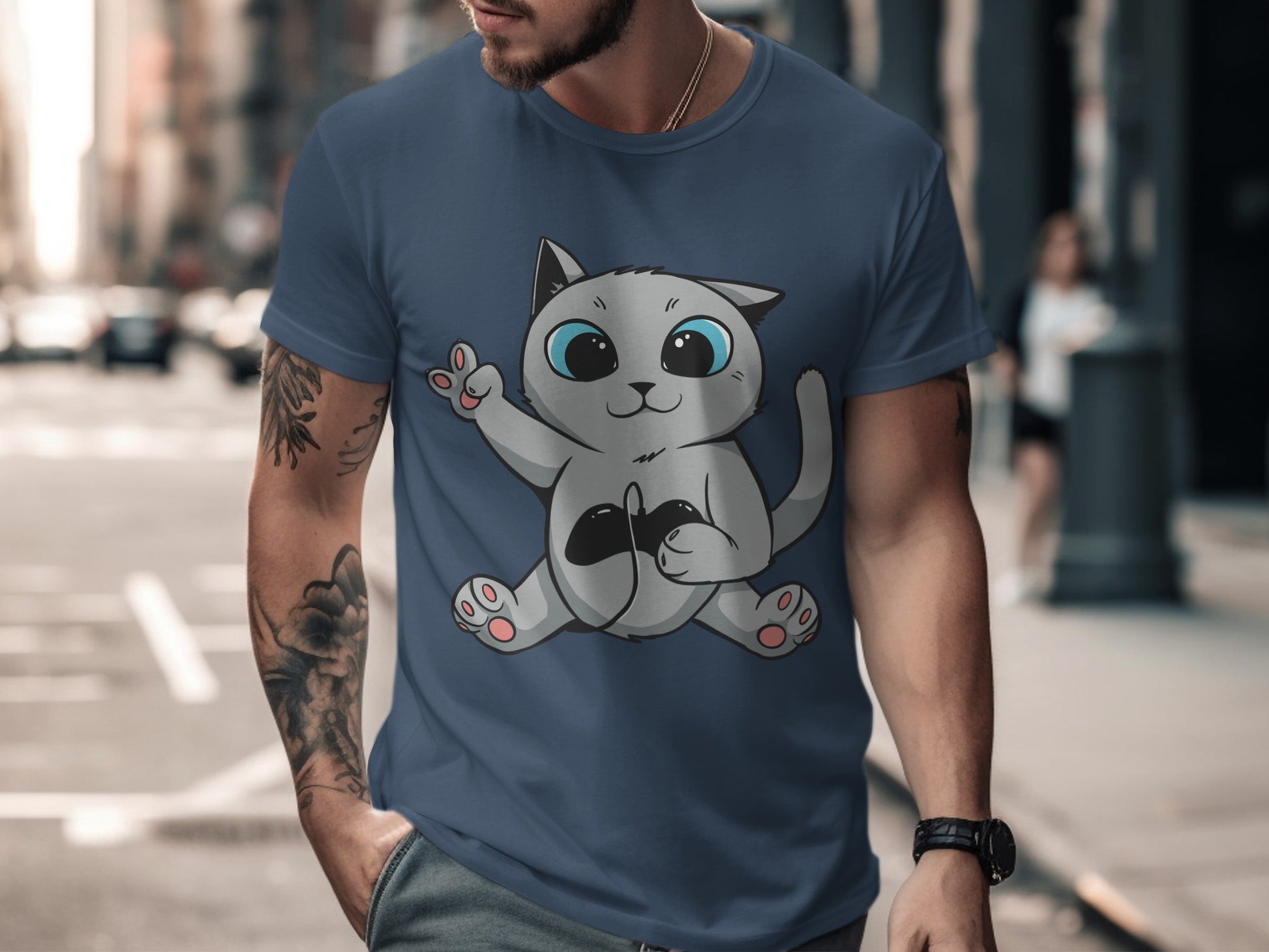 Cute Blue Shirt with Adorable Cartoon Cat Design
