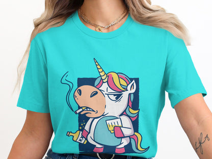 Funny Smoking Unicorn with Drink Graphic Tee