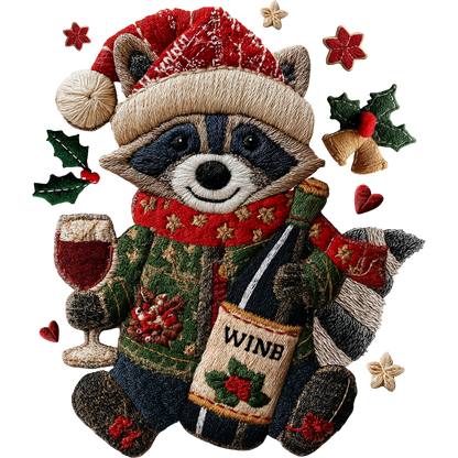 Christmas Raccoon T-Shirt, Wine Lover Gift, Holiday Season Tee, Cute Animal Shirt, Festive Design, Holiday Party, DTF Transfer Ready