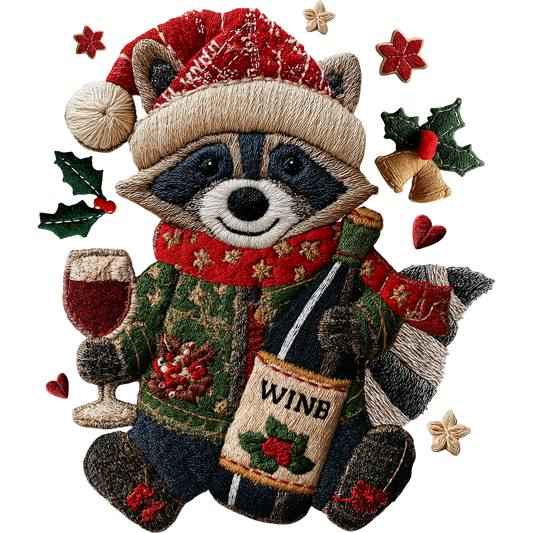 Christmas Raccoon T-Shirt, Wine Lover Gift, Holiday Season Tee, Cute Animal Shirt, Festive Design, Holiday Party, DTF Transfer Ready