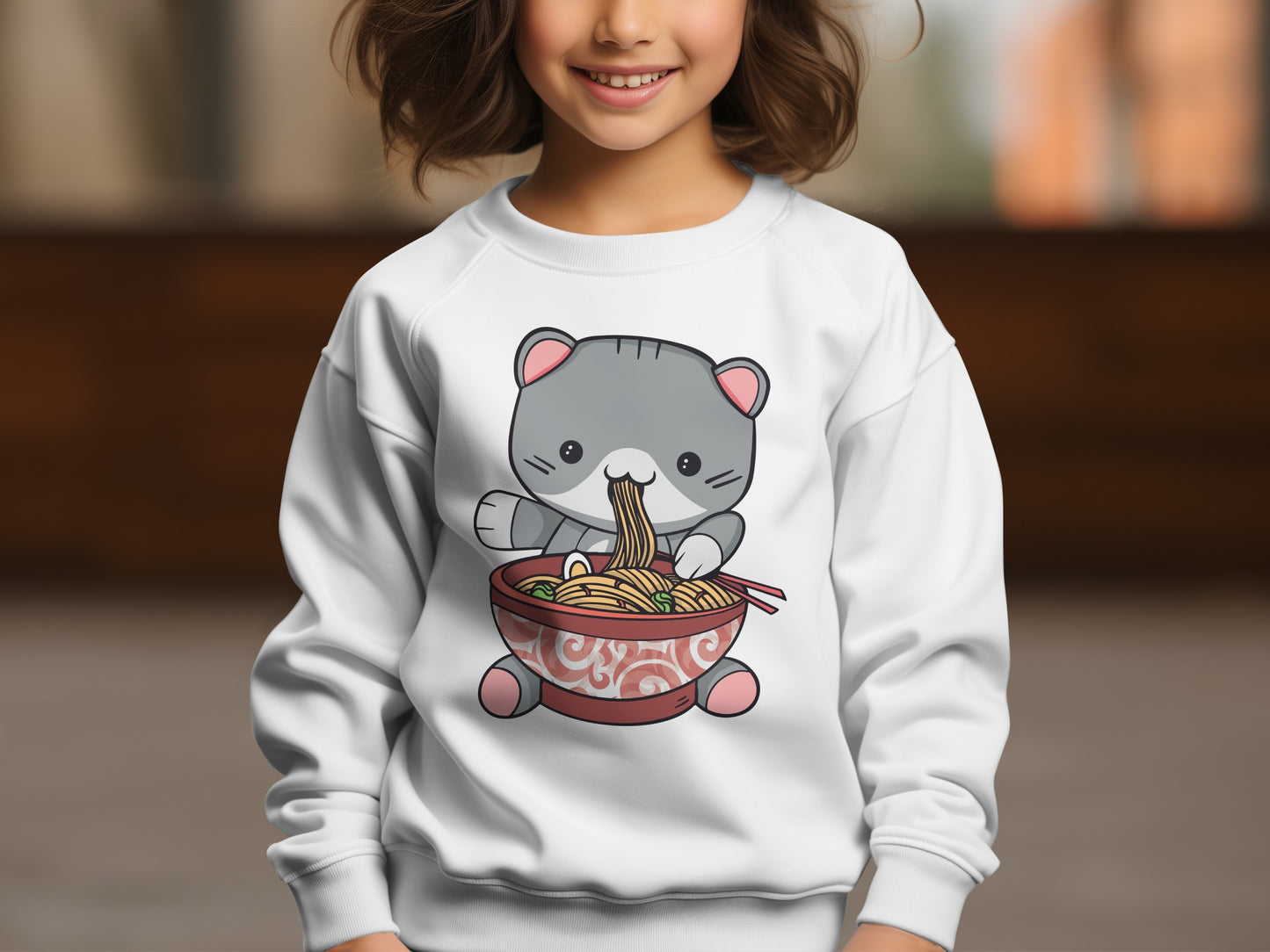 Cute Cat Eating Noodles Sweatshirt Kids Apparel
