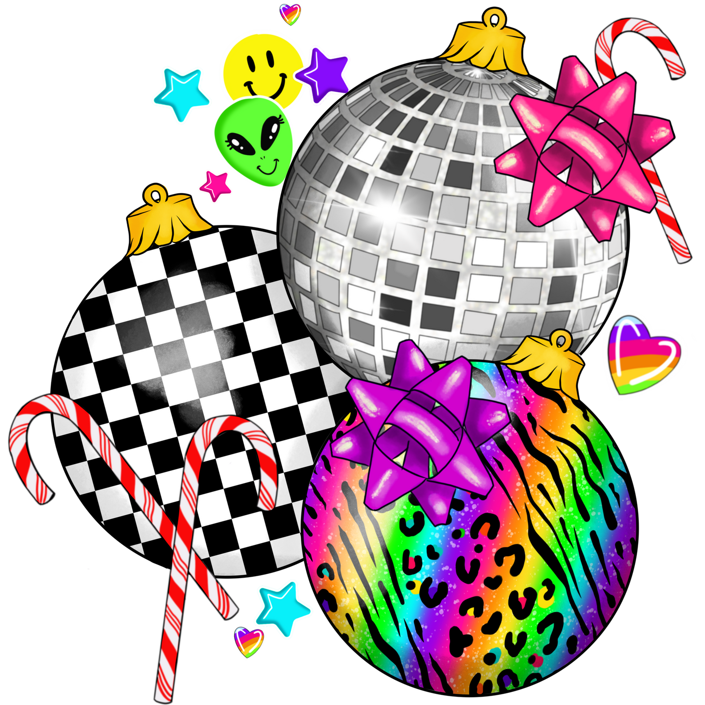 Festive Disco and Candy Cane Check Leopard Ornaments