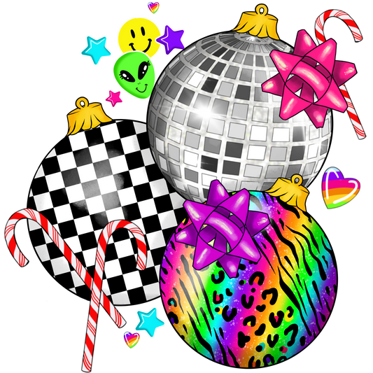 Festive Disco and Candy Cane Check Leopard Ornaments