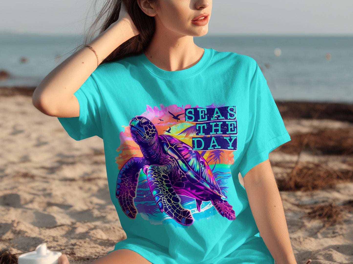 Seas The Day Colorful Turtle Design Tee