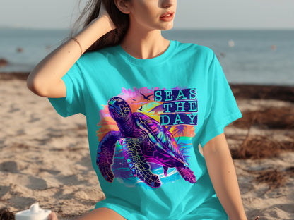 Seas The Day Colorful Turtle Design Tee