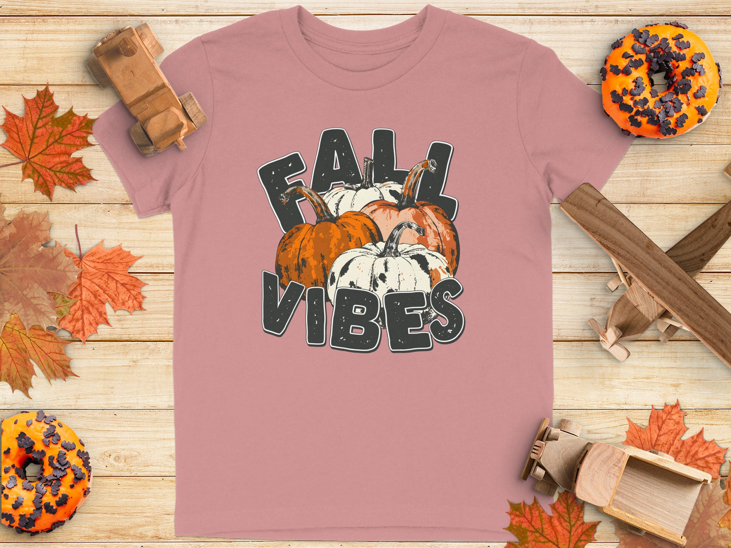 Fall Vibes T-Shirt with Pumpkins and Autumn Leaves