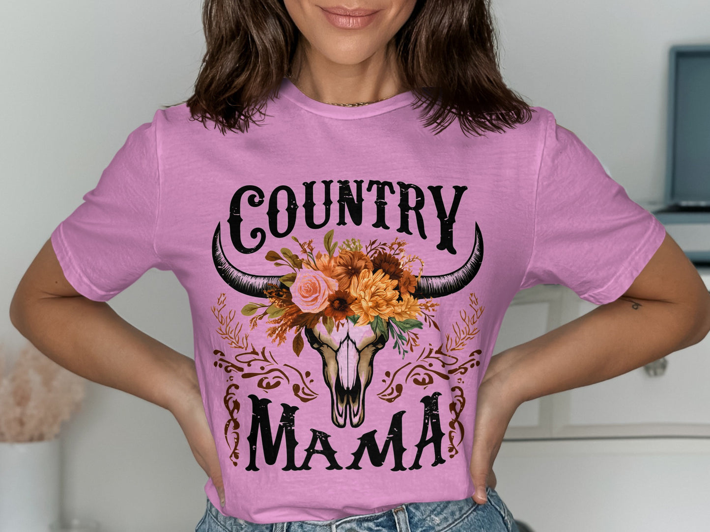 Country Mama Graphic Tee with Floral Skull Design