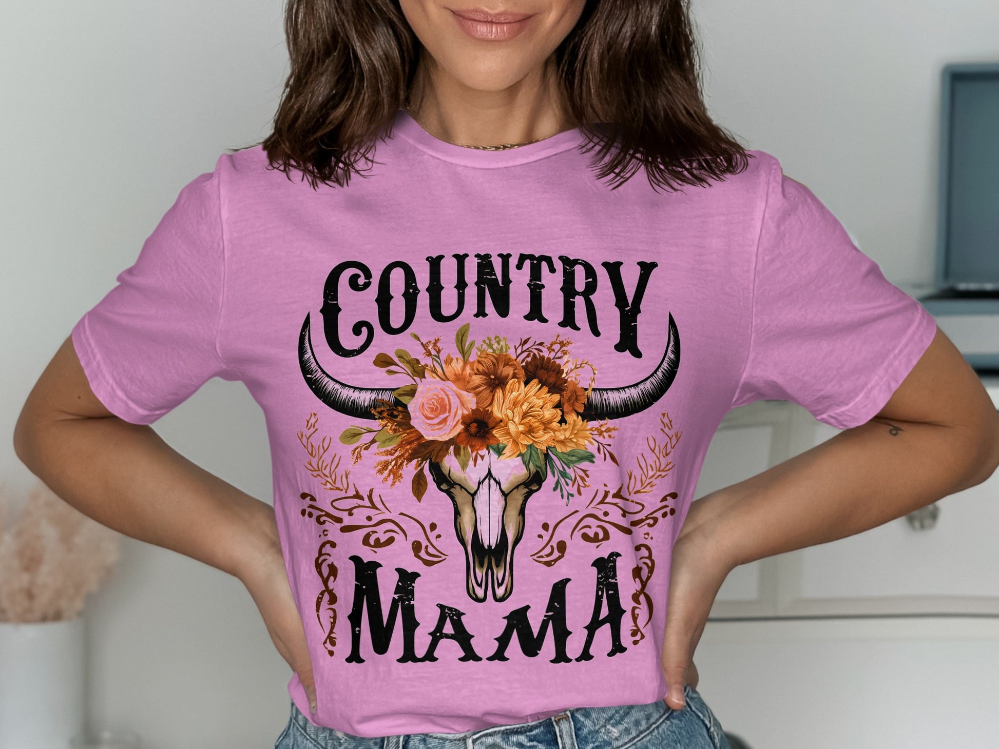Country Mama Graphic Tee with Floral Skull Design