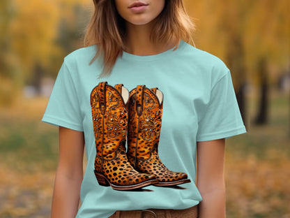 Stylish Leopard Print Cowboy Boots Graphic T-Shirt