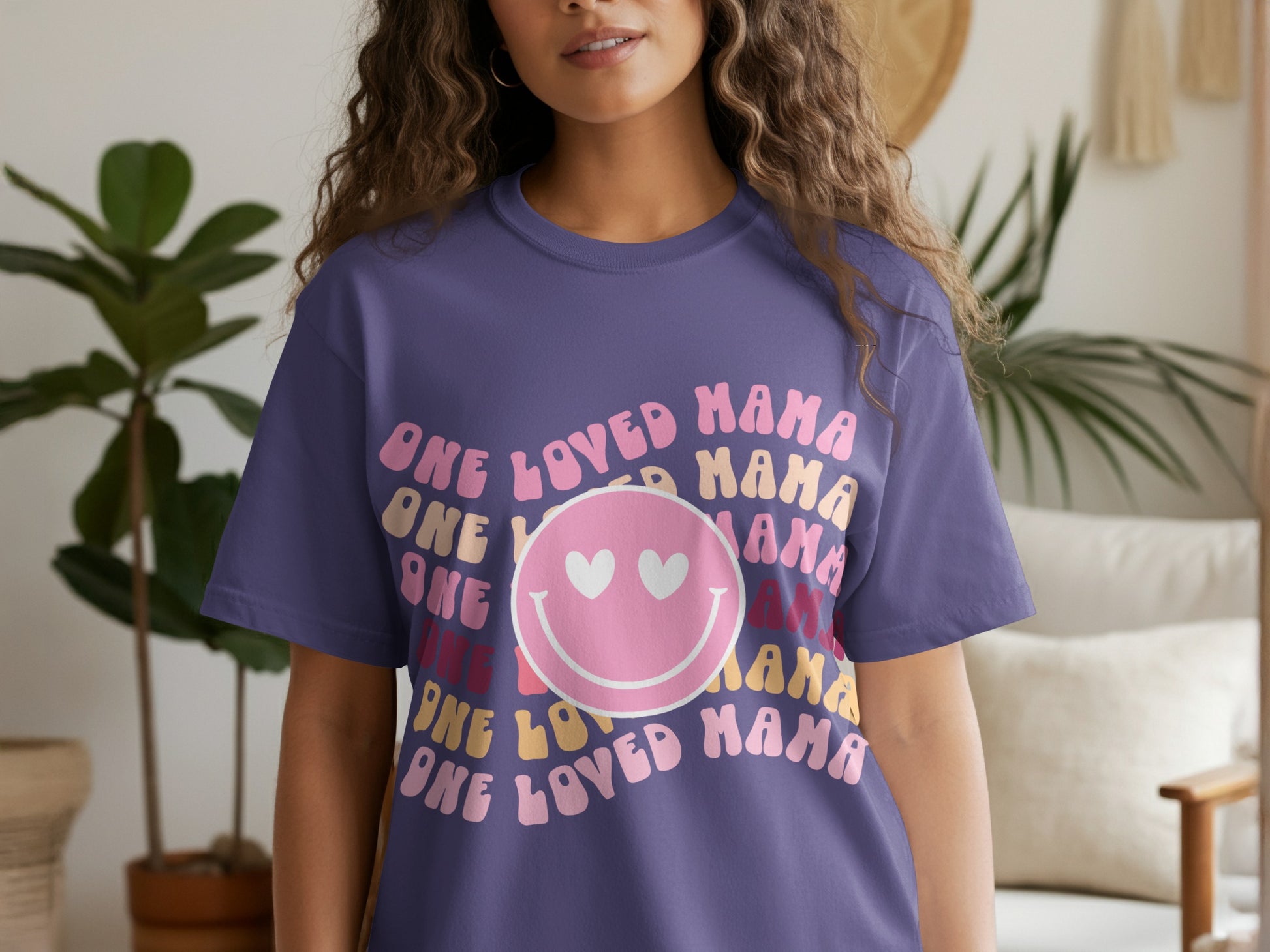 One Loved Mama Graphic Tee with Heart Smiley Design