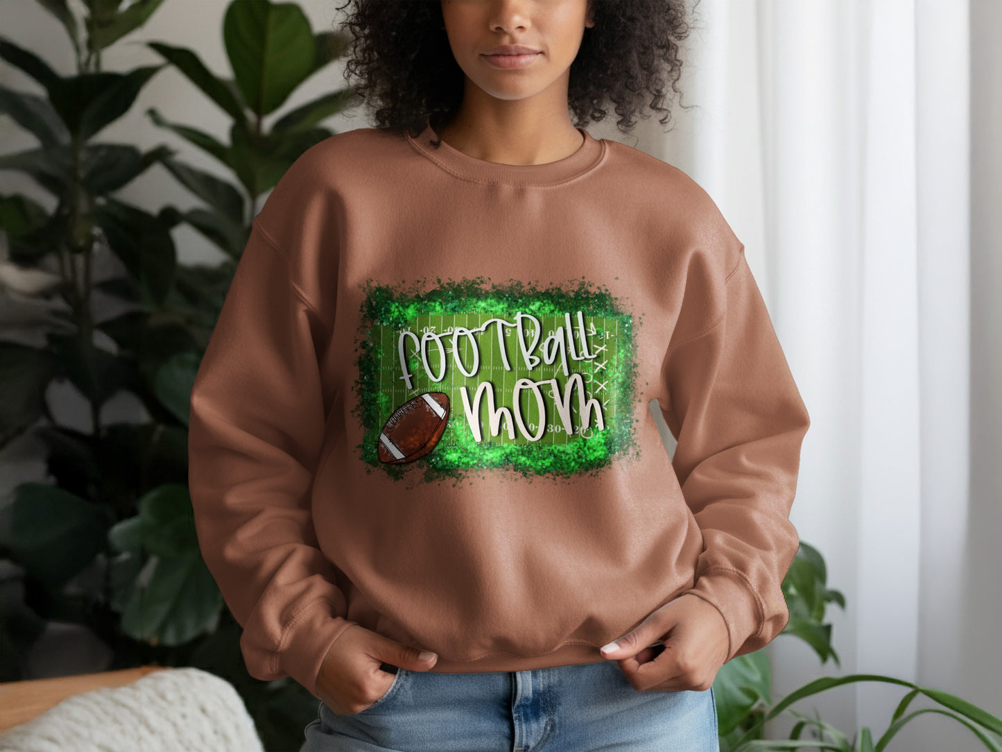 Football Mom Text with Green Background on Sweatshirt