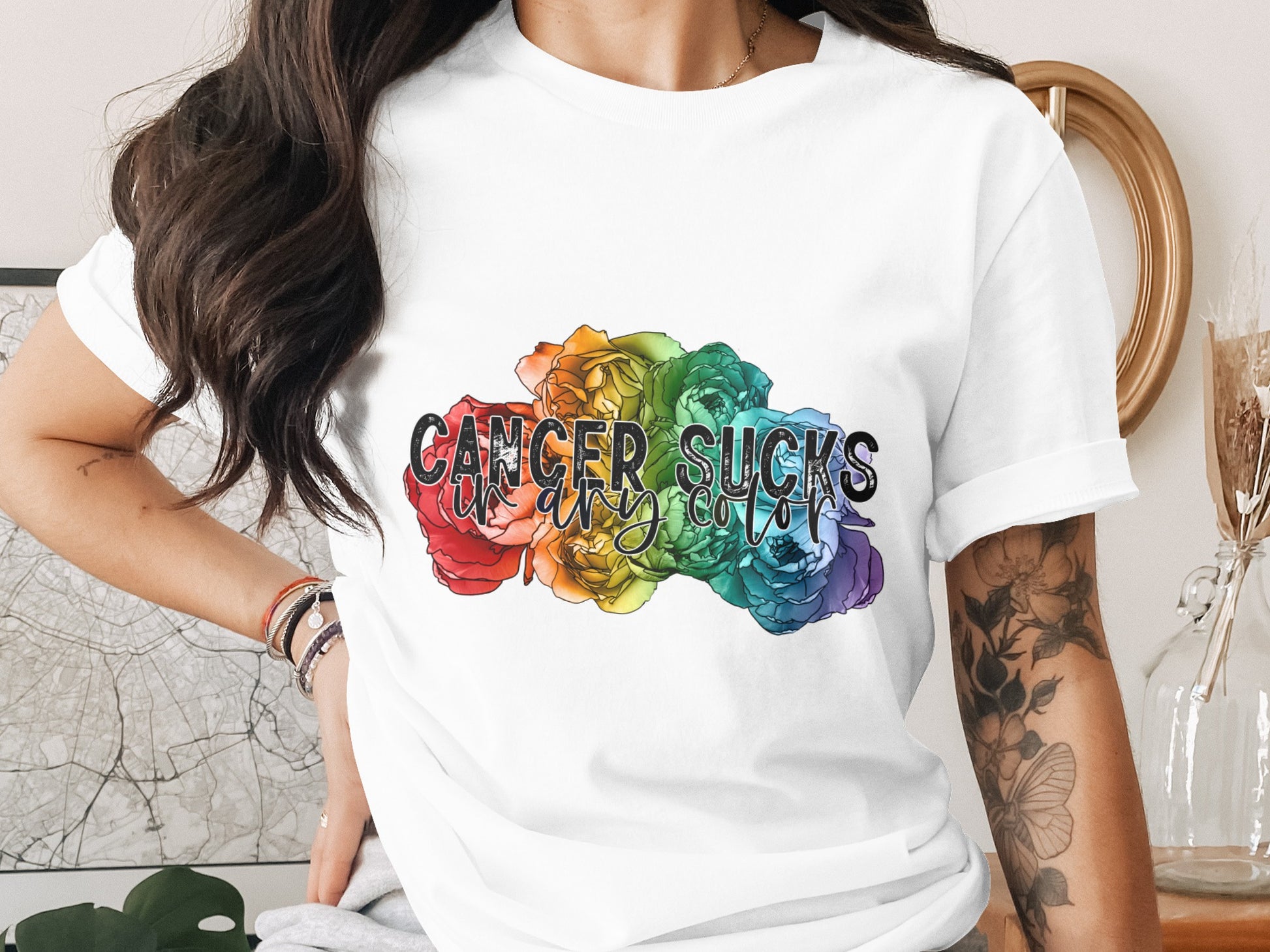 Cancer Sucks Colorful Floral Design T-Shirt
