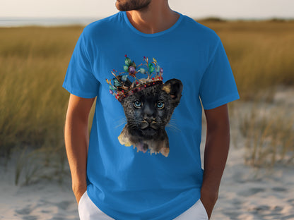 Blue T-Shirt Featuring Artistic Black Panther with Crown