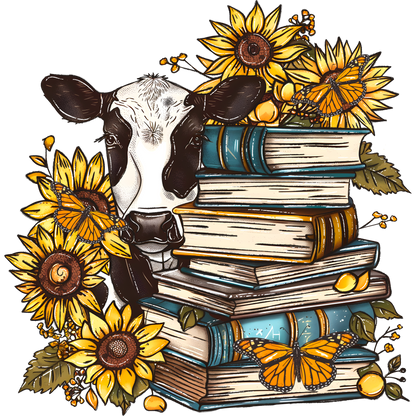 Vibrant Cow with Sunflowers Books and Butterflies Art Print
