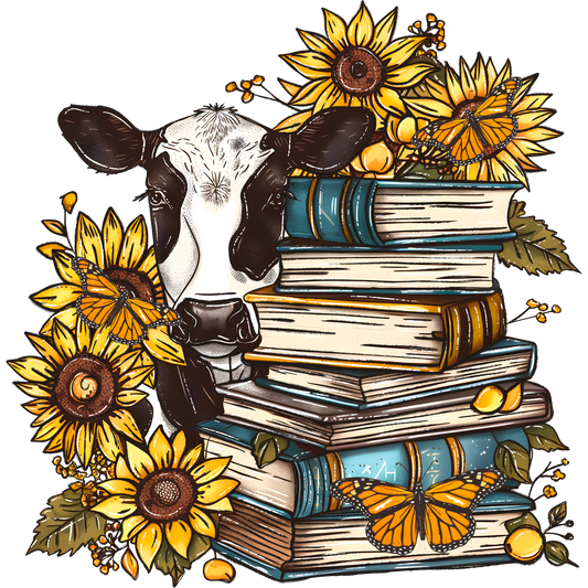 Vibrant Cow with Sunflowers Books and Butterflies Art Print