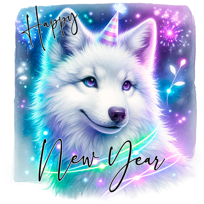 Happy New Year White Wolf with Party Hat Artwork