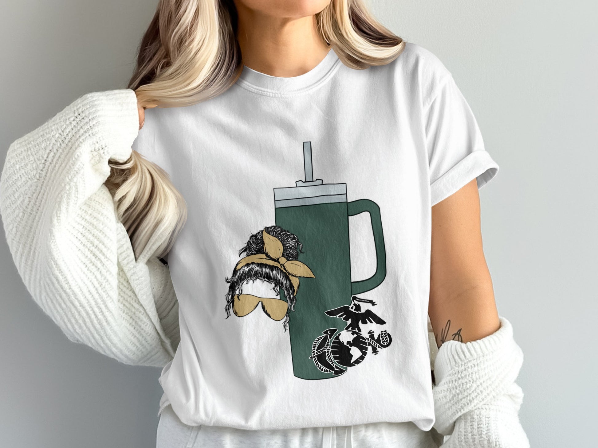 Trendy White Tee with Cute Mug and Bow Design
