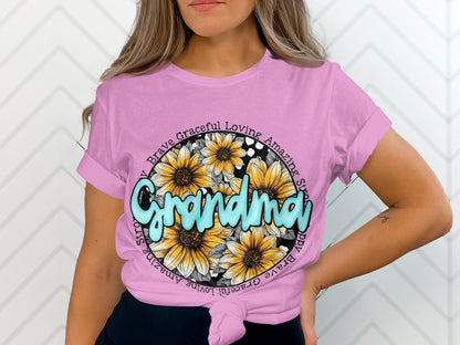 Grandma Sunflower T-Shirt, Floral Grandmother Shirt, Gift for Grandma, Brave Graceful Loving Design, Grandma Birthday Gift, Mother's Day Tee